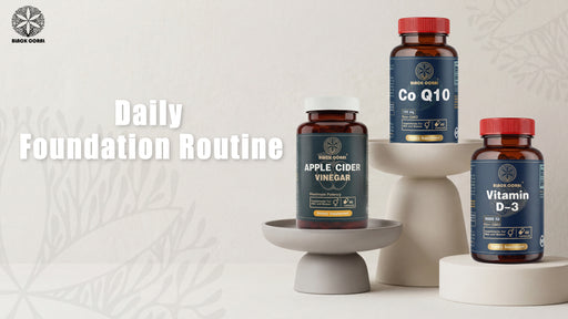 Supplement bottles including Apple Cider Vinegar, Co Q10, and Vitamin D-3 on a neutral background.