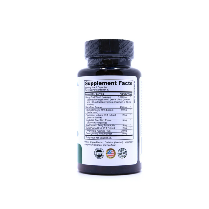 Horny Goat Weed herbal supplement back label showing nutrition facts and usage directions