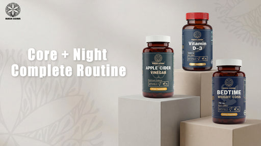Three supplement bottles labeled 'Apple Cider Vinegar', 'Vitamin D-3', and 'Bedtime Weight Loss' on a neutral background.