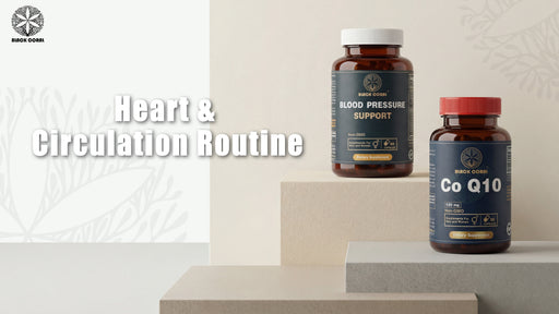 Two supplement bottles on a neutral background with text about a heart and circulation routine.