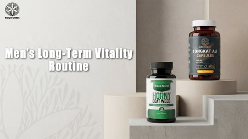 Two supplement bottles on a shelf with text about men's long-term vitality routine.