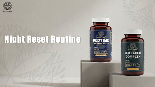Two supplement bottles labeled 'Bedtime Weight Loss' and 'Collagen Complex' on a neutral background.