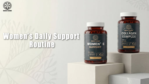 Two supplement bottles labeled 'Women's Support' and 'Collagen Complex' on a light background.